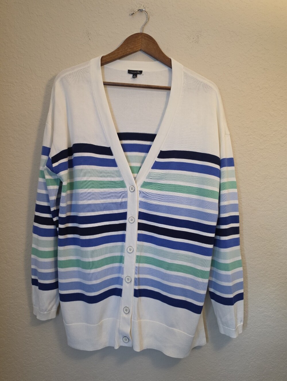 Talbots Button Down Cardigan Sweater Womens Large White Multicolor Stripe Preppy